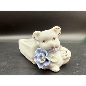 Vintage Ceramic Bear Planter Trinket‎ Holder  Blue Flower Cute Animal Figurine